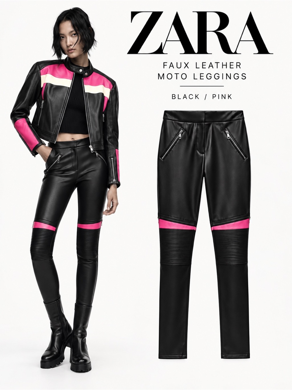 ZARA Black Pink Faux Leather Moto Biker Leggings NWT Size S